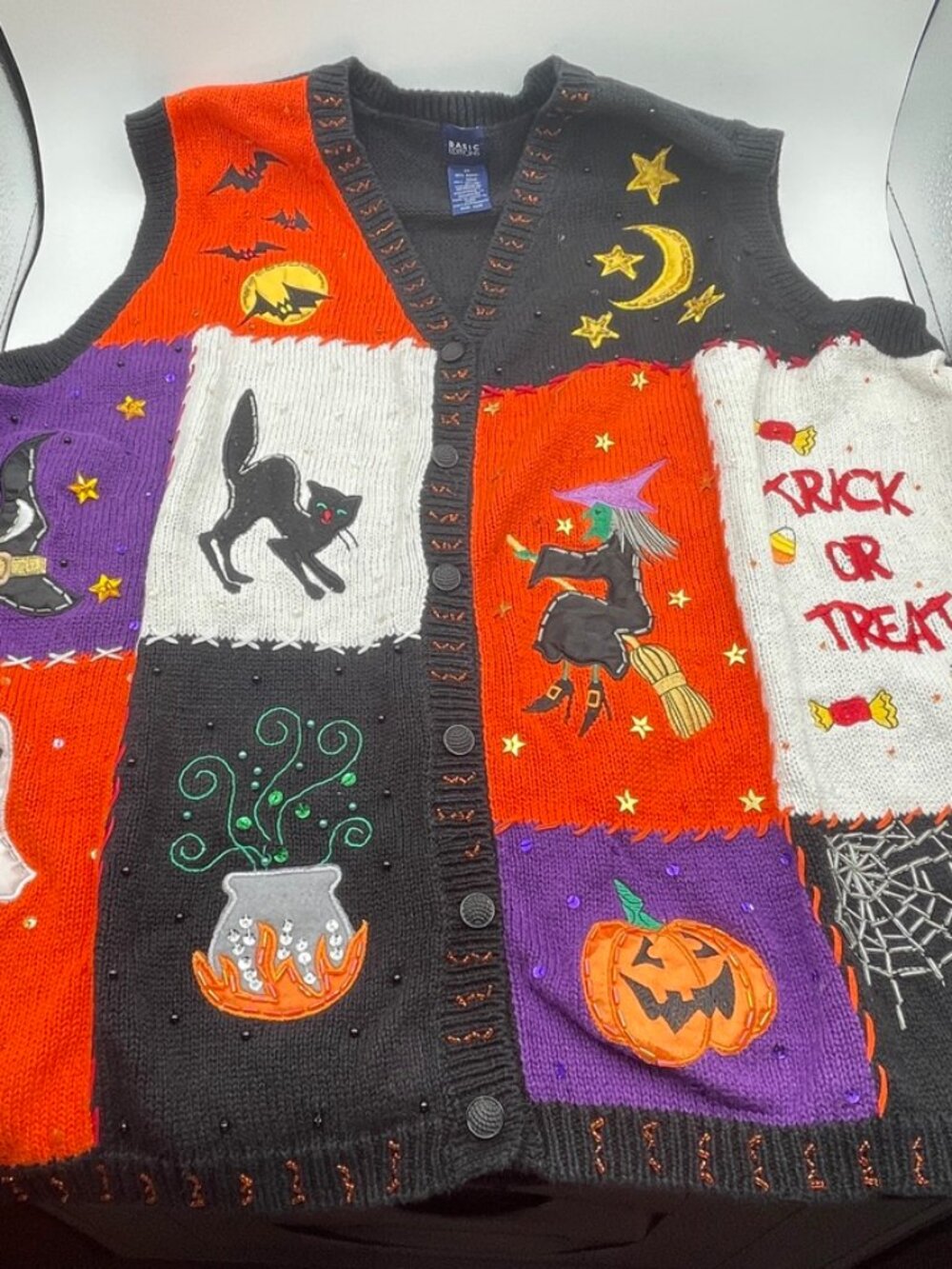 VTG Basic Editions Halloween Sweater Vest 3XL Black Cat Ghost Pumpkin Knit 90’s